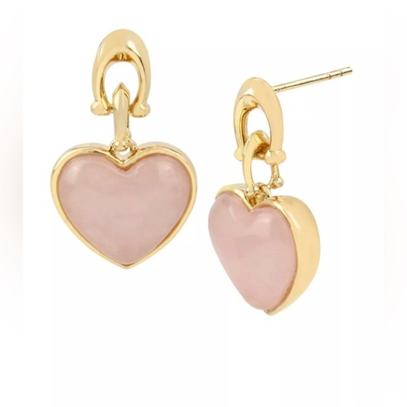 COACH Semi-precious Rose‎ Quartz Heart Drop gold-tone Signature C link Earrings - Picture 3 of 5